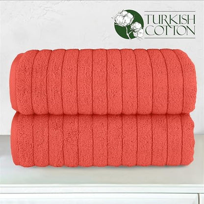 Elegant Comfort 100% Turkish Cotton Corduroy Ribbed Luxury Soft 2 Pack Bath Towels 27 x 54 Inch - Ultra Plush, Absorbent, Quick Dry, Hotel Spa Quality Towels for Bathroom Essentials, Coral