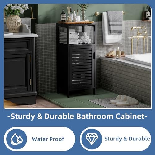 HITNET Bamboo Floor Cabinet, Small Bathroom Cabinet Floor Standing, 4 Tier Narrow Side Storage Cabinet, Space Saving Kitchen Cupboard with Single Door, Black