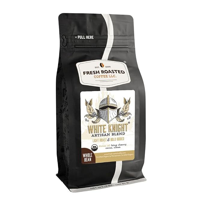 Fresh Roasted Coffee, Organic White Knight Whole Bean Coffee, Light Roast, USDA Organic, Kosher, 12 oz
