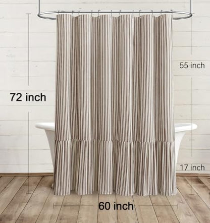 Farmhouse Shower Curtain Ruffle Linen Cream-Brown Stripe 60"W x 72"L