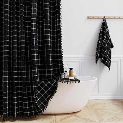 BTTN Extra Long Boho Farmhouse Linen Shower Curtain, 72x96, Black and White