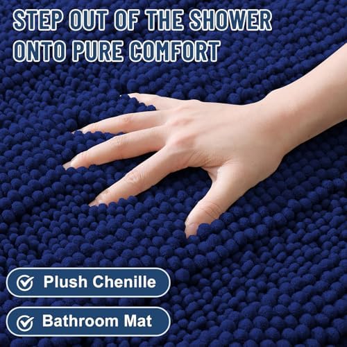 Grandaily Chenille Striped Bathroom Rugs 40x32, Extra Thick and Soft Absorbent Bath Mats, Rubber Backing, Plush Shaggy Shower Carpet, Machine Wash Dry, Bath Rug for Bathroom, Navy Blue