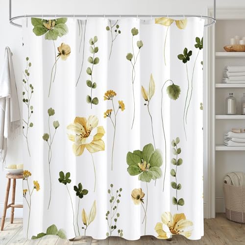 Gibelle Olive Green Beige Watercolor Floral Fabric Shower Curtain, 72x84