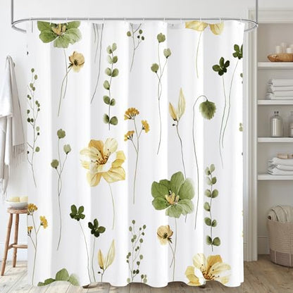 Gibelle Olive Green Beige Watercolor Floral Fabric Shower Curtain, 72x84