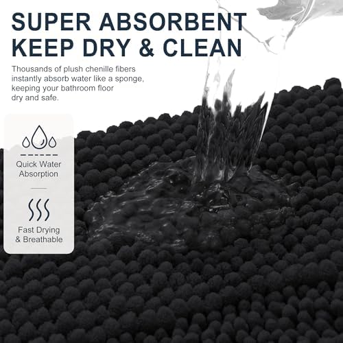 Smiry Thick Chenille Bathroom Runner Rugs 59x20, Absorbent Bath Mat, Black