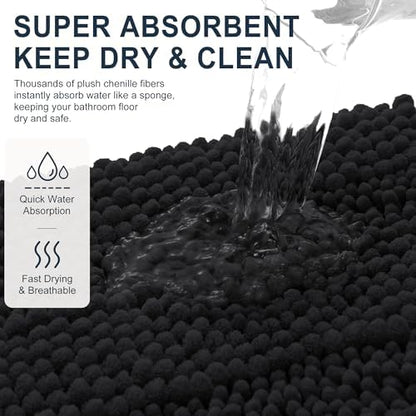 Smiry Thick Chenille Bathroom Runner Rugs 59x20, Absorbent Bath Mat, Black