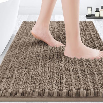 ACCUMTEK Upgrade Luxury Dark Beige Bathroom Rug Mat 32"x20", Ultra Soft Thick Absorbent Bath Mats, Non Slip Chenille Toilet Mat for Bathroom, Bedroom, Kitchen, Shower, Tub, Taupe