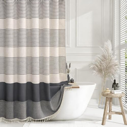 Dark Grey Boho Linen Striped Shower Curtain with Tassel 72"W X 72"L