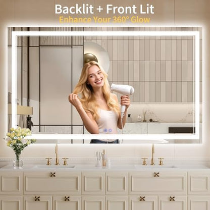 40"x60" LED Bathroom Mirror with Lights, Anti-Fog, Backlit + Front Lit, Dimmable, Led Vanity Mirror for Wall, Lighted Bathroom Mirror, 5 Colors, Shatter-Proof Tempered Glass