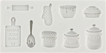 Miniature Home Baking Silicone Molds Rolling Pin Oven Glove Cake Bowl Wooden Spoon Chocolate Fondant Mold for Cake Decoration Cupcake Topper Candy Sugar Craft Polymer Clay Gum Paste