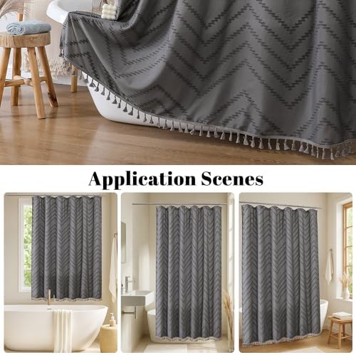 OWENIE Boho Shower Curtain, Grey Fabric Cloth Shower Curtains Farmhouse Tufted Chevron Striped Textured with Tassel for Bathroom, Soft Hotel Style Modern Minimalist, Machine Washable, 72x72, Grey