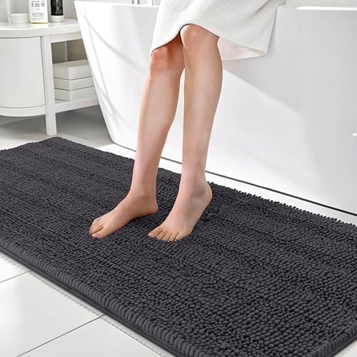 OLANLY Thick Bathroom Runner Rugs 70x24, Soft Chenille Bath Rugs, Dark Grey