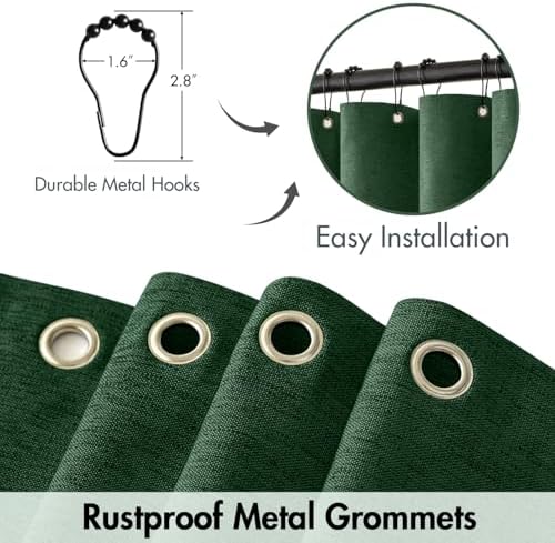 MIULEE Linen Fabric Shower Curtain Dark Green W72*L72 12 Metal Hooks