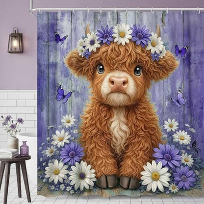Cute Cow Shower Curtain, Farmhouse Rustic Purple Floral Daisy Highland Cow Shower Curtains for Bathroom, Calf Country Farm Animal Garden Plant Fabric Bathroom Decor with Hooks, 70x84 inch