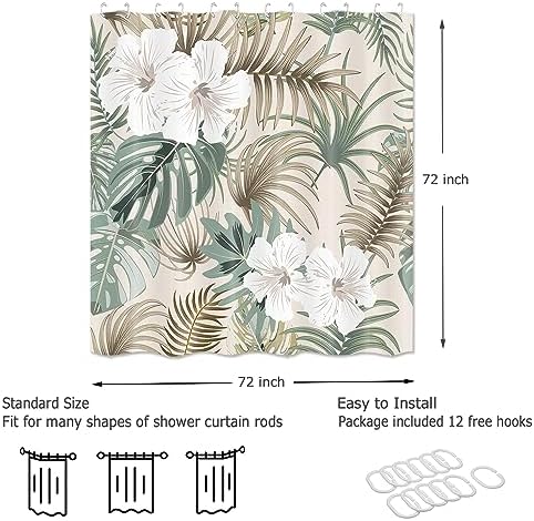 Tropical Shower Curtain for Bathroom, Green Palm Tree Flower Plant Boho Leaf Banana Monstera Sage Beige Shower Curtains Set, Fabric Bathroom Accessories with Hooks