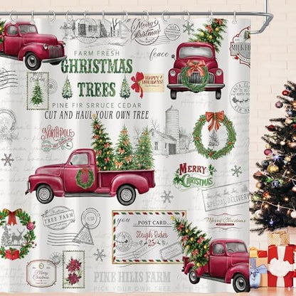 Vintage Christmas Farmhouse Shower Curtain for Bathroom 72W*72H Inch Red Truck Xmas Tree Winter Snowflake Wreath Classical Country Holiday Decorations Bathtub Decor Waterproof Polyester Fabric Set
