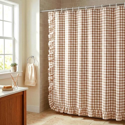 HunnmingRe Ruffled Gingham Shower Curtain Taupe
