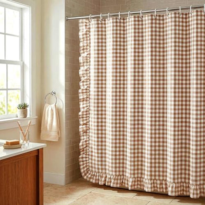HunnmingRe Ruffled Gingham Shower Curtain Taupe