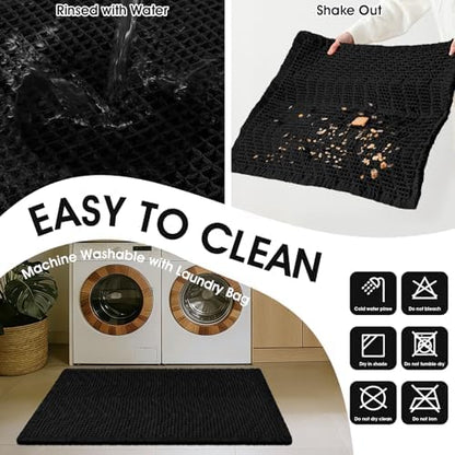Upgraded Waffle Bath Mat Set 3 Piece Black-Herringbone, Super Absorbent Non-Slip Quick Dry Bathroom Rugs with Tassels, Machine Washable Ultra Soft Boho Bath Rugs, Toilet Mats Boho Farmhouse Decor