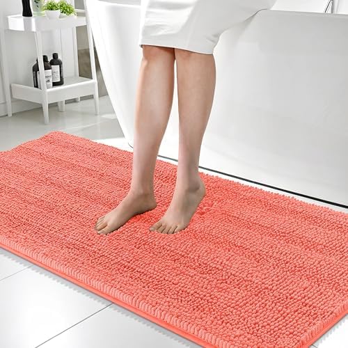 OLANLY Thick Bathroom Runner Rugs 59x24, Chenille Long Bath Rugs, Coral