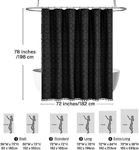 Extra Long Black Textured Boho Shower Curtain with Tassels 72 x 78 Tufted Chevron Striped Chenille Woven Fabric Cloth Shower Curtain Modern Farmhouse Minimalist, Shabby Chic Home Decor for Bathroom