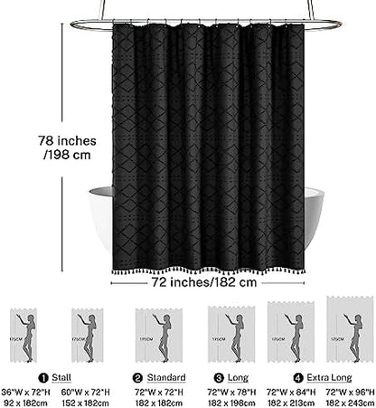 Extra Long Black Textured Boho Shower Curtain with Tassels 72 x 78 Tufted Chevron Striped Chenille Woven Fabric Cloth Shower Curtain Modern Farmhouse Minimalist, Shabby Chic Home Decor for Bathroom