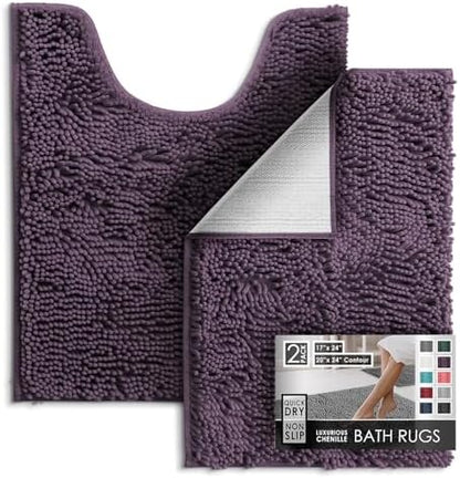 Hearth & Harbor Bathroom Rugs, Chenille Bath Mat - Machine Washable Bath Mats for Bathroom Non-Slip Backing Rubber, Quick Dry Bathroom Mat - Purple 17x24-20x24