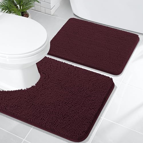 OLANLY Chenille Bathroom Rugs Sets 2 Piece, 24"x16"+24"x20", Black Cherry