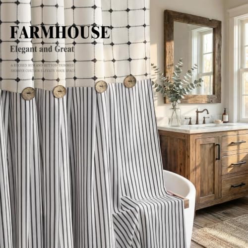 Farmhouse Shower Curtain Button Plaid-Cream-Black Stripe 72"W x 72"L