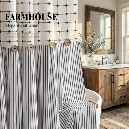 Farmhouse Shower Curtain Button Plaid-Cream-Black Stripe 72"W x 72"L