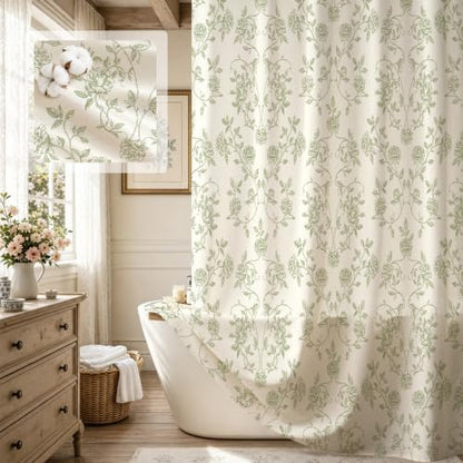 MitoVilla Sage Green Floral Shower Curtain, Farmhouse Poly-Cotton, 72x72