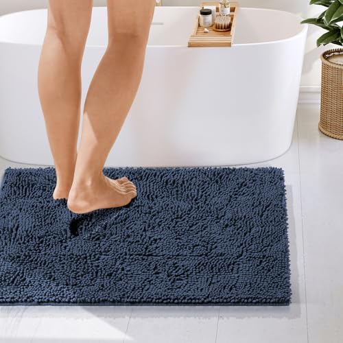 Hearth & Harbor Bathroom Rugs, Chenille Bath Mat - Machine Washable Bath Mats for Bathroom Non-Slip Backing Rubber, Quick Dry Bathroom Mat - Navy Blue 24x36