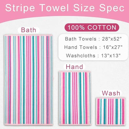VOOVA & MOVAS Striped Bath Towels 4 Pack, 100% Cotton, 28x52 in, Pink Teal