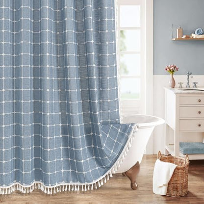 Boho Farmhouse Classic Plaid Linen Tassel Shower Curtain Blue,72x84