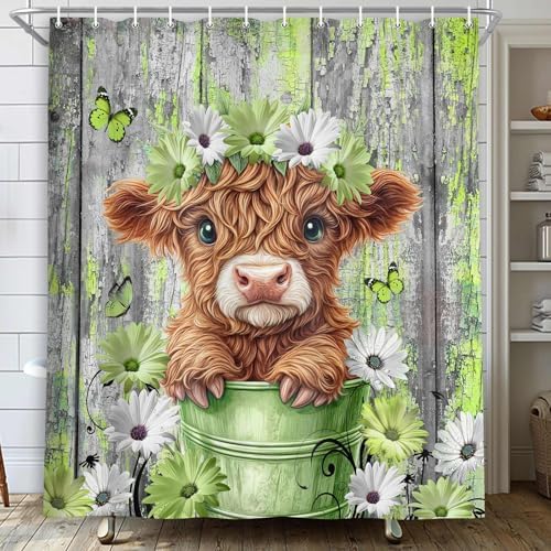 Farmhouse Flower Floral Shower Curtain, Rustic Funny Highland Cow Daisy Shower Curtain Set, Country Wild Garden Plant Fabric, Brown Wooden Board Bathroom Accessories Curtains with Hooks 36X72in