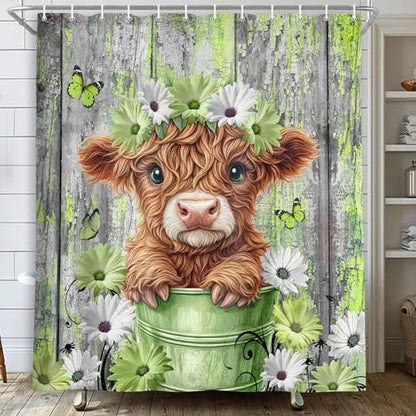 Farmhouse Flower Floral Shower Curtain, Rustic Funny Highland Cow Daisy Shower Curtain Set, Country Wild Garden Plant Fabric, Brown Wooden Board Bathroom Accessories Curtains with Hooks 60x72in