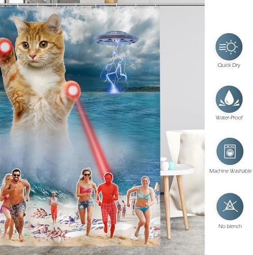 Aimego Stall Small Shower Curtain - Funny Cute Cool Ocean Cat with Weird Adults Beach UFO Fun Narrow Half Fabric Cloth Shower Curtain Set for Bathroom Decor Accessories Bath Curtain, 36"x72"