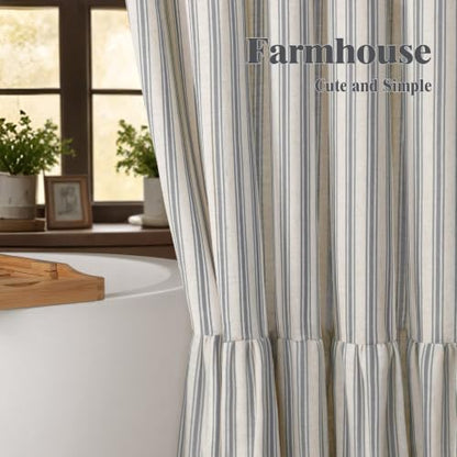 Farmhouse Shower Curtain Ruffle Linen Cream-Grey Stripe 72"W x 72"L