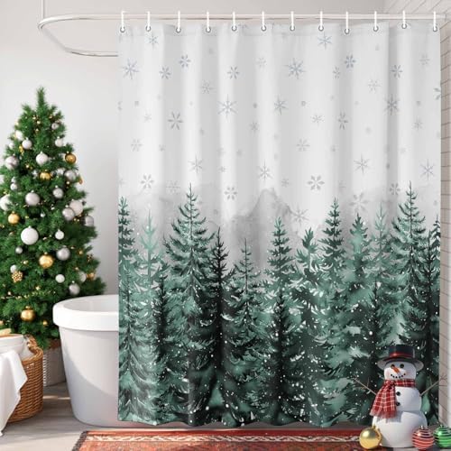 Shower Curtain Bathroom Set Christmas Tree Forest Gradient Green Waterproof Shower Curtains with Grommets Hooks Winter Snowflakes Gray Privacy Bath Curtain for Bathtub Decor 72x72in
