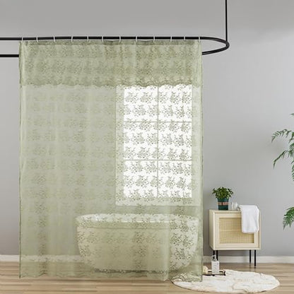 Sage Green Shower Curtain for Bathroom, 72x72, Lace with Attached Valance,