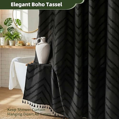 Siiluminisoy Stall Boho Shower Curtain Black Tassel Woven Fabric Shower Curtain 54 x 72 Modern Farmhouse Textured Tufted Chevron Striped Minimalist Bathroom Shower Curtain