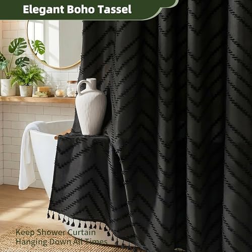 Siiluminisoy Boho Shower Curtain Black Tassel Woven Fabric Shower Curtain 54 x 78 Modern Farmhouse Textured Tufted Chevron Striped Minimalist Bathroom