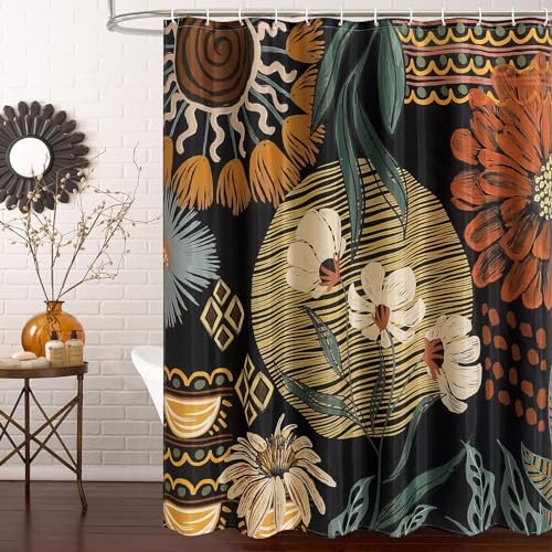 Dark Floral Shower Curtain, Boho Vintage Botanical Fabric Curtain, 72 x 72