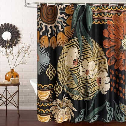 Dark Floral Shower Curtain, Boho Vintage Botanical Fabric Curtain, 72 x 72