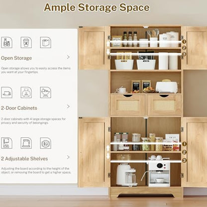 Iwell Tall Storage Cabinet with 2 Drawers & Adjustable Shelves, Rattan Cabinet, Kitchen Storage Cabinet, Pantry Cabinet with 4 Doors, Tall Cabinet for Living Room, Kitchen, Home Office, Natural