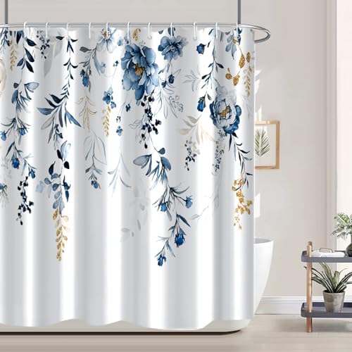 AWERT Blue Plants Shower Curtain with Hooks Watercolor Floral Printed Shower Curtain for Bathroom Washable Bathroom Accessories Bathtub Decor 72x78inch