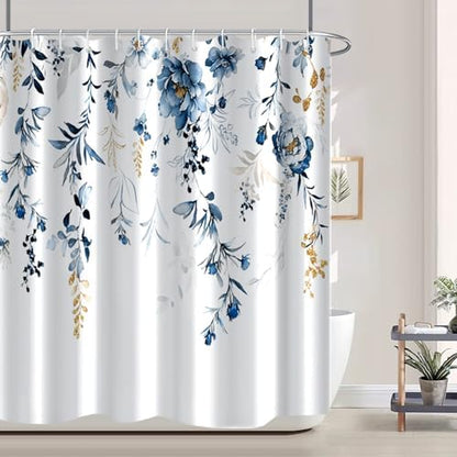 AWERT Blue Plants Shower Curtain with Hooks Watercolor Floral Printed Shower Curtain for Bathroom Washable Bathroom Accessories Bathtub Decor 72x78inch