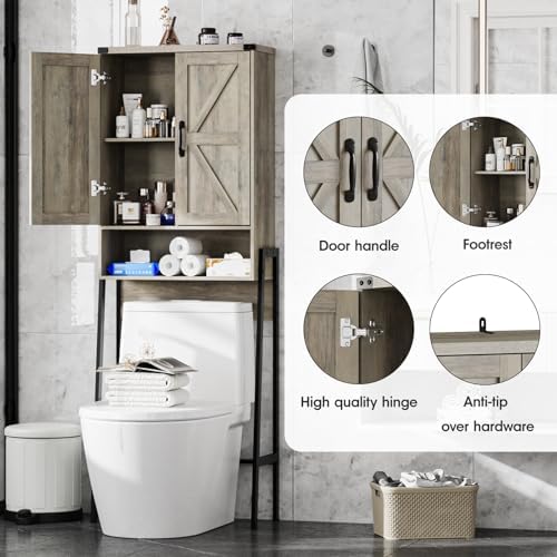 Vabches Over The Toilet Storage Cabinet with 2-Door Design Bathroom Organizers and Storage with Anti-Tip Device Over Toilet Organizer with Shelves for Bathroom,Restroom,Laundry Grey