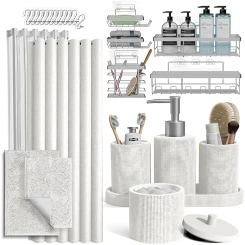 Clara Clark White Bathroom Set - Bathroom Sets with Shower Curtain and Rugs, 26PC Bathroom Accessory Set, Shower Curtain Set with Adhesive Corner Shower Caddy Hanging & Soap Dispenser