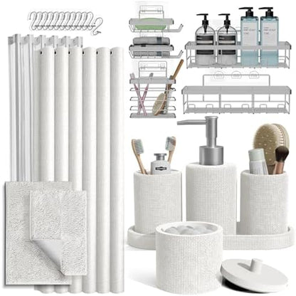 Clara Clark White Bathroom Set - Bathroom Sets with Shower Curtain and Rugs, 26PC Bathroom Accessory Set, Shower Curtain Set with Adhesive Corner Shower Caddy Hanging & Soap Dispenser